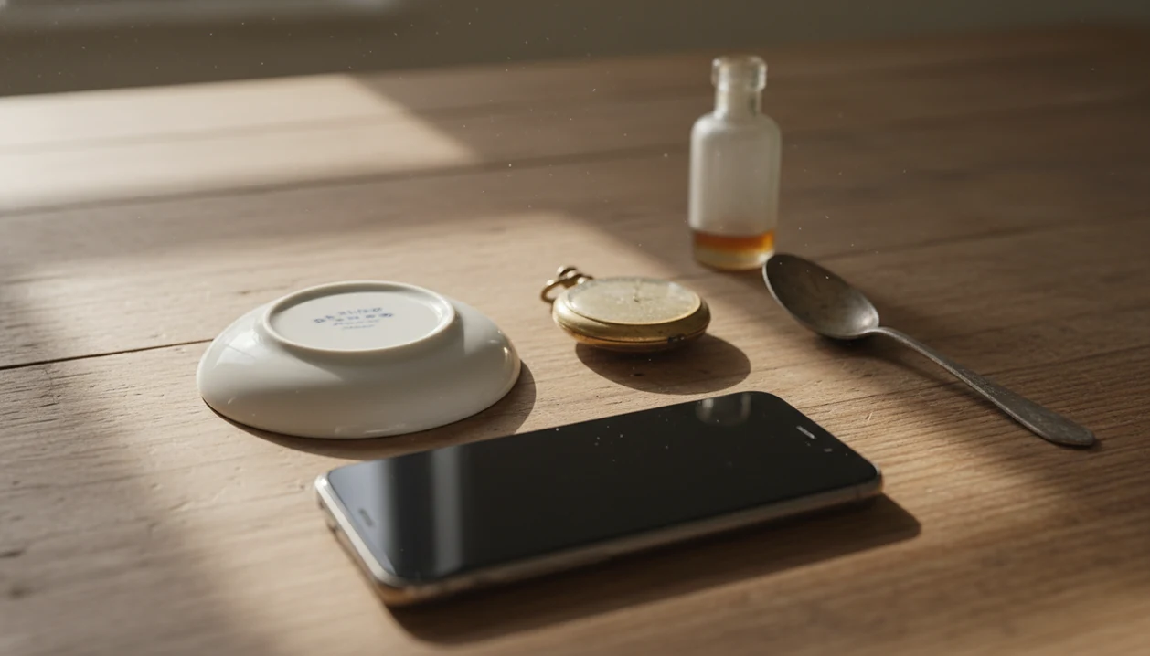 A smartphone rests beside vintage objects ready for photo-based antique identification.