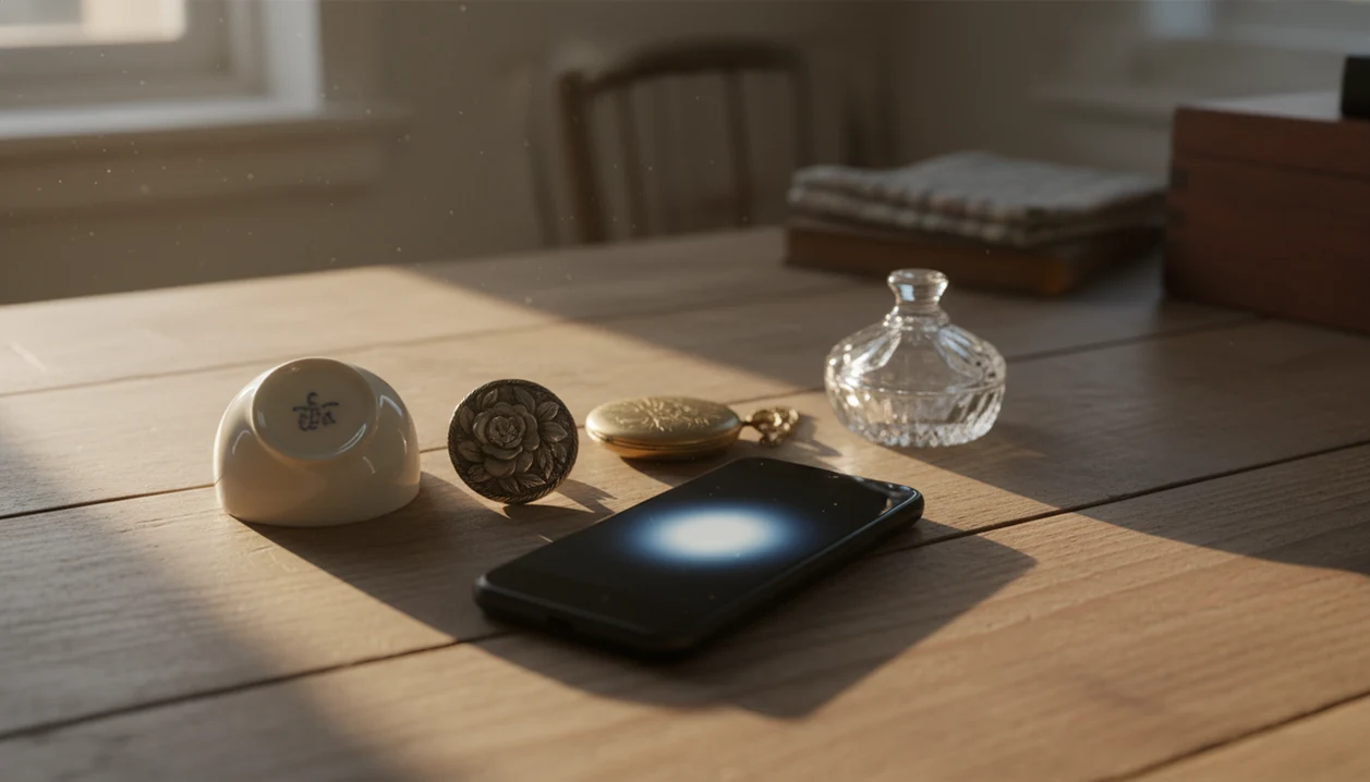 A phone rests beside vintage jewelry, porcelain, glass, and a pocket watch on an estate sale table.