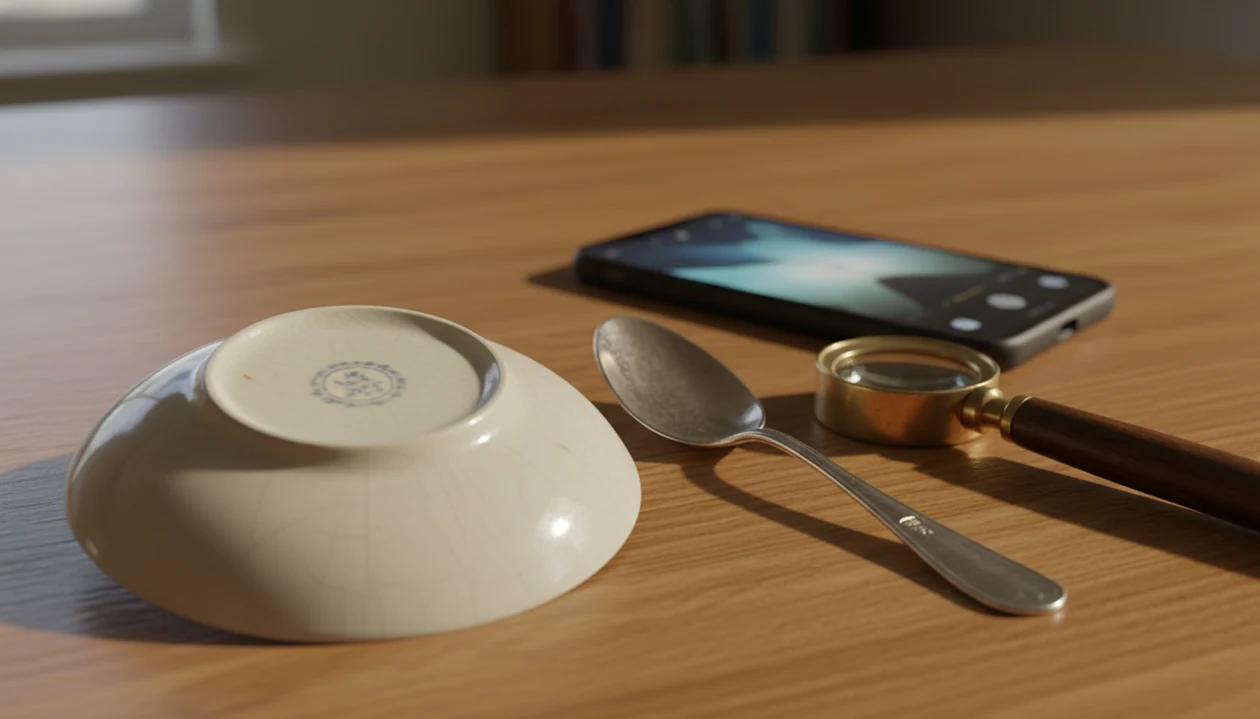A phone, loupe, porcelain backstamp, and silver hallmarks arranged for maker mark identification.