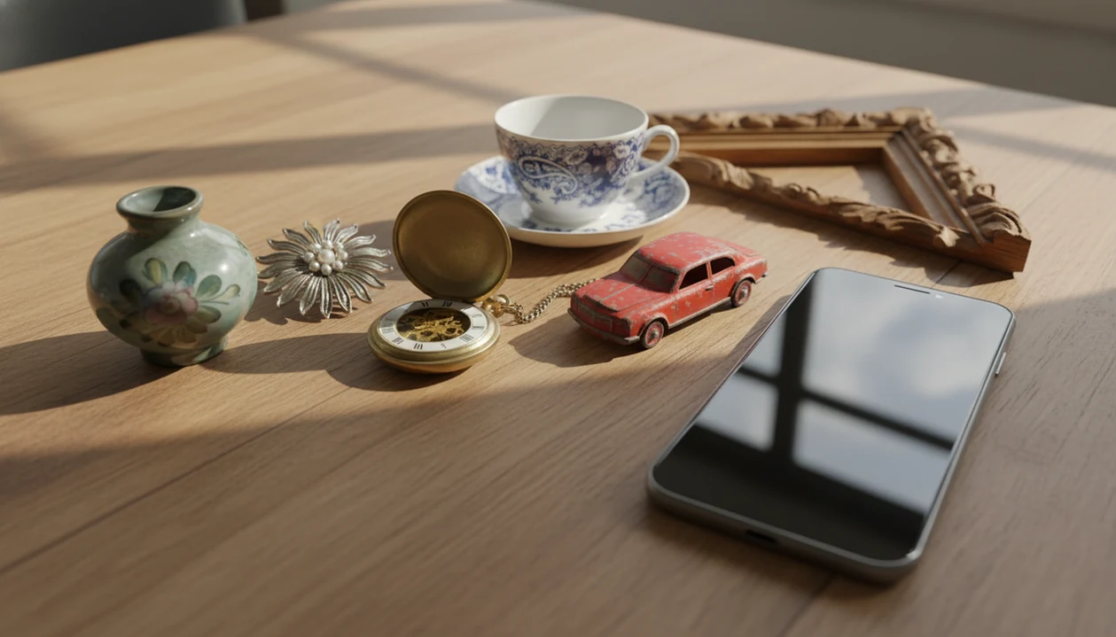 Vintage collectibles arranged beside a smartphone on a wooden table for photo identification.