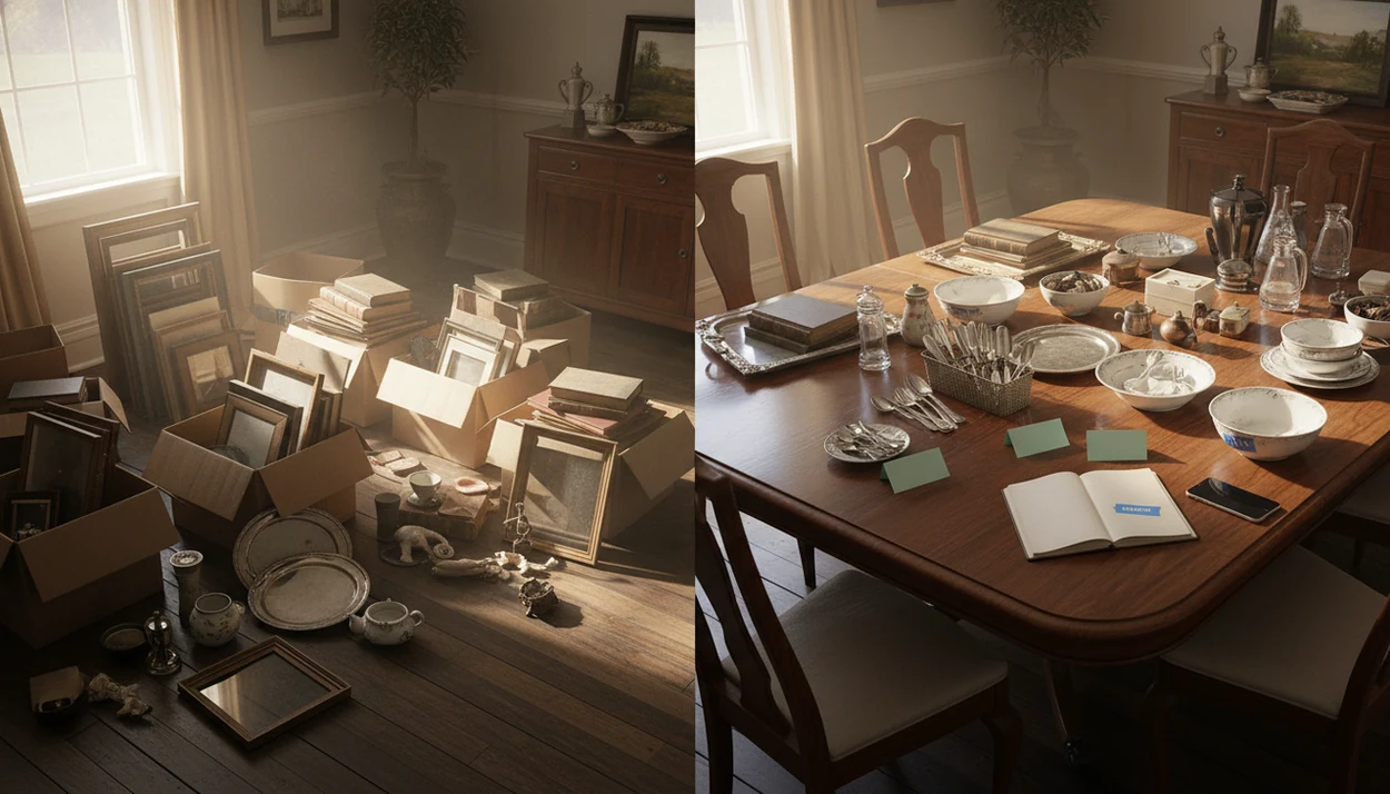 A cluttered estate sorting table becomes organized groups of antiques, documents, donations, and appraisal items.