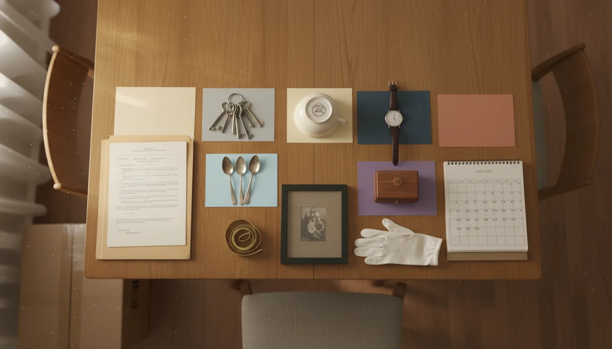 A neatly organized estate cleanout table with antiques, documents, boxes, and a blank calendar.