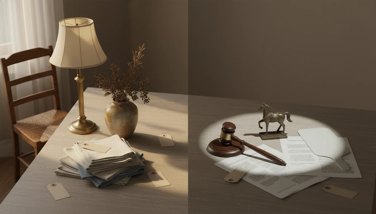 A staged table contrasts estate sale price tags with auction tools and vintage household objects.