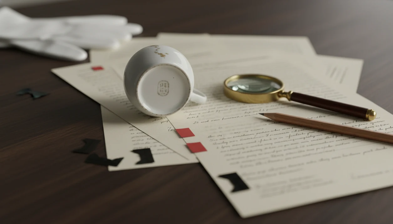 An antique teacup, blurred documents, magnifying glass, and red tabs suggest provenance warning signs.