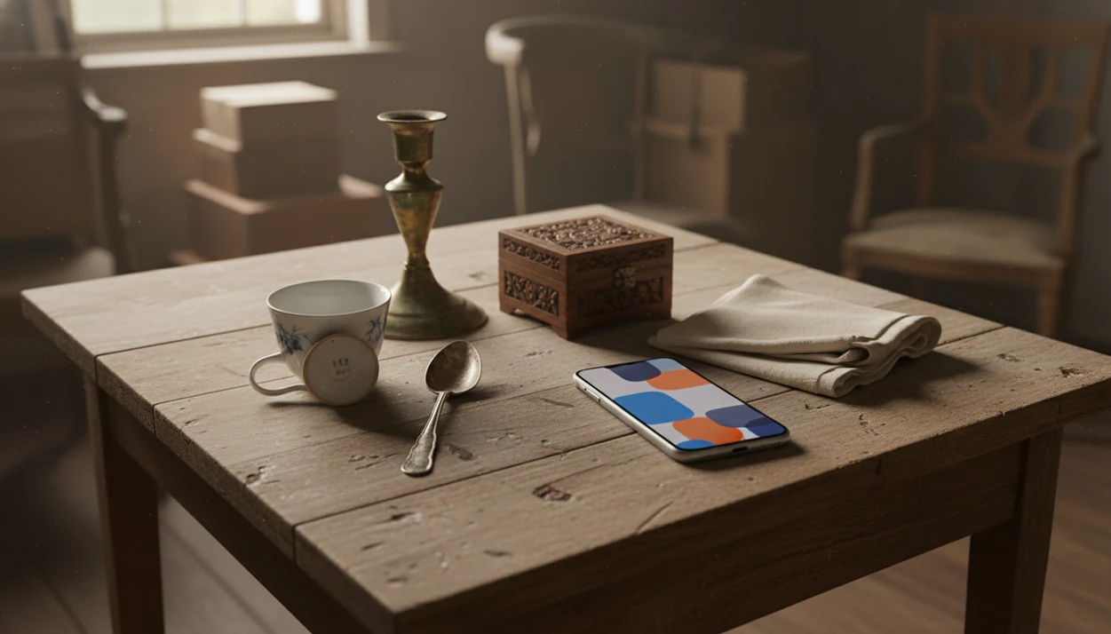 A smartphone rests beside assorted antiques on a wooden table for first-pass identification research.