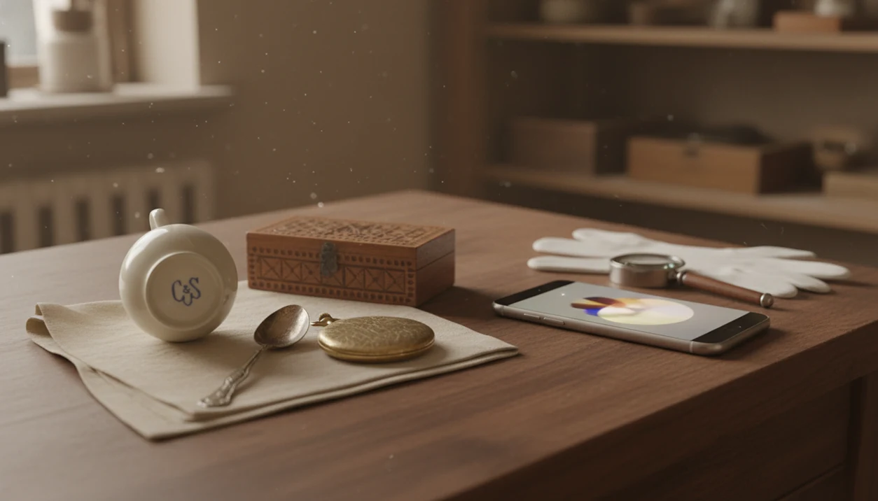 A smartphone rests beside antique objects, a loupe, and gloves on a warm wooden inspection table.