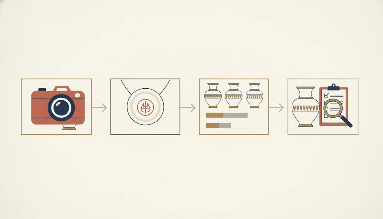 An illustrated workflow shows photographing an antique, checking its mark, comparing examples, and reviewing value clues.