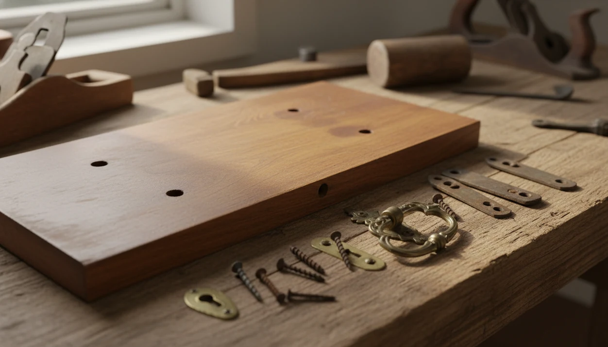 Antique drawer hardware, screws, hinges, and finish shadows arranged on a worn wooden workbench.