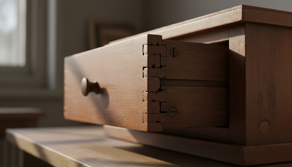 Close-up of an antique drawer showing dovetail joints, old screws, pegs, and worn wood construction clues.