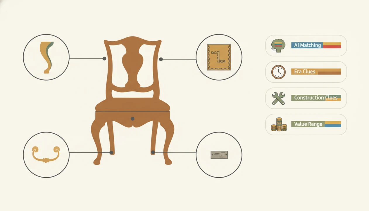 A diagram shows furniture details like legs, joinery, hardware, and maker marks feeding into AI analysis.
