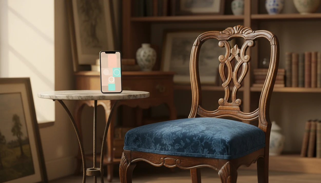 An antique chair and table are photographed beside a smartphone in a warmly lit vintage shop setting.