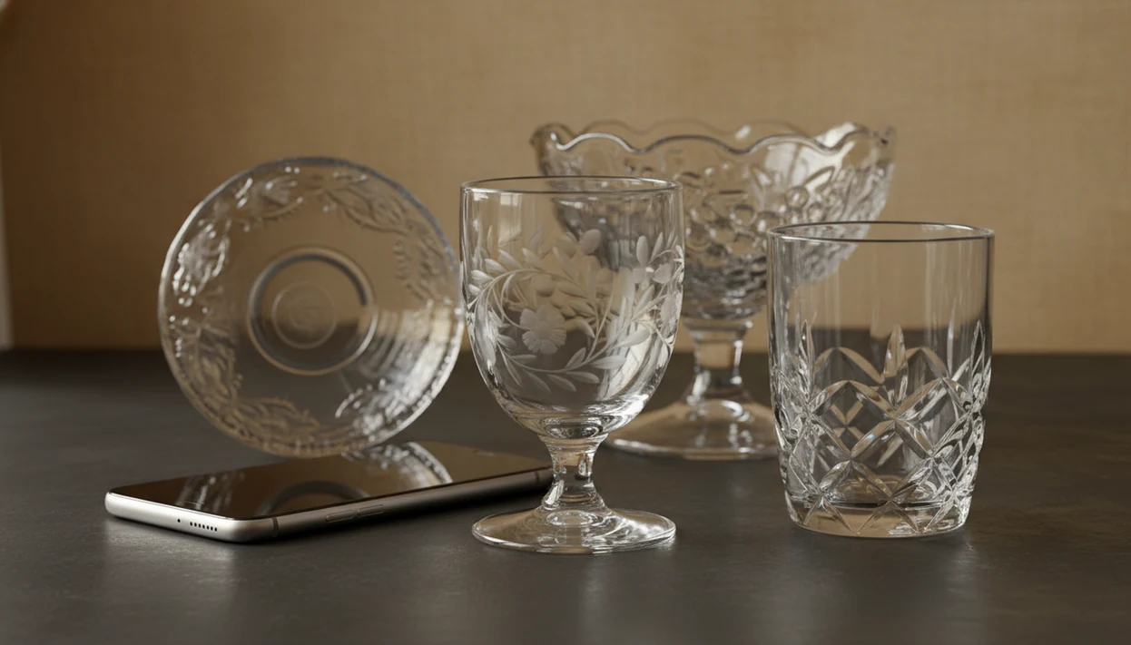 Vintage etched crystal and cut glass pieces arranged beside a phone for pattern identification.