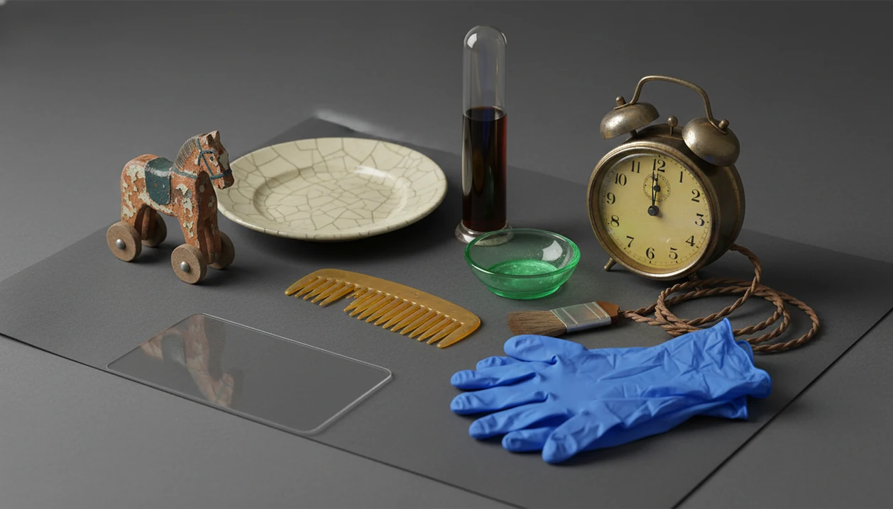 A cautious tabletop arrangement of antique objects that may contain lead, mercury, uranium glass, or old wiring.