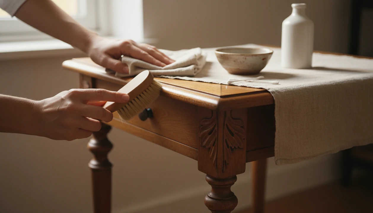 Hands gently dust an antique wooden table with a soft brush beside mild cleaning supplies.