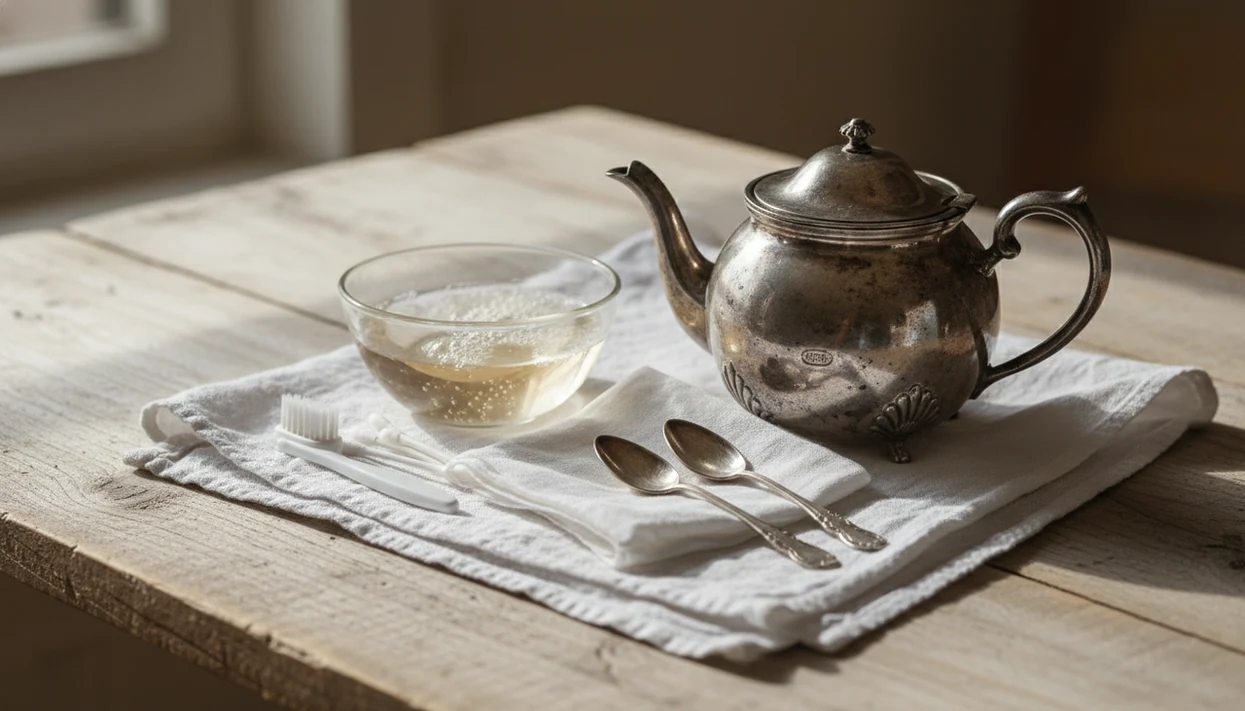 Antique silver teapot and spoons laid out with gentle cleaning cloths, cotton buds, and soapy water.