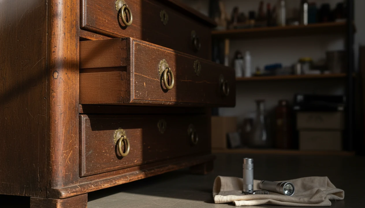 An antique wooden chest with an open drawer shows joinery, worn brass hardware, and inspection tools nearby.