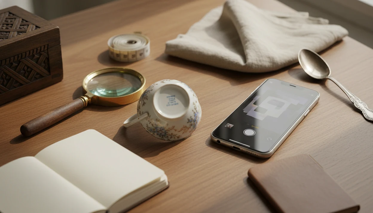 A smartphone photographs the underside of a vintage teacup beside antique research tools on a wooden table.