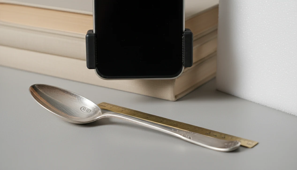 A phone is stabilized above an antique spoon while angled light reveals its tiny maker mark.