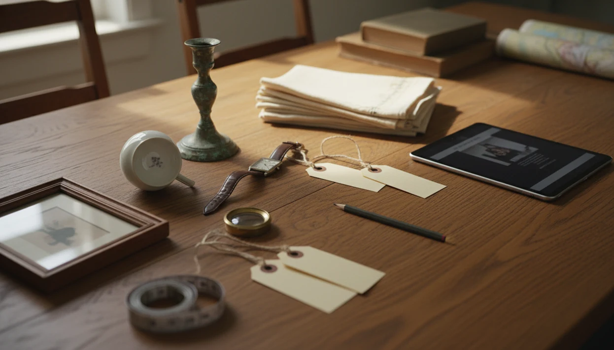 Estate sale items arranged on a table with blank tags, a hand lens, and a phone for identification.