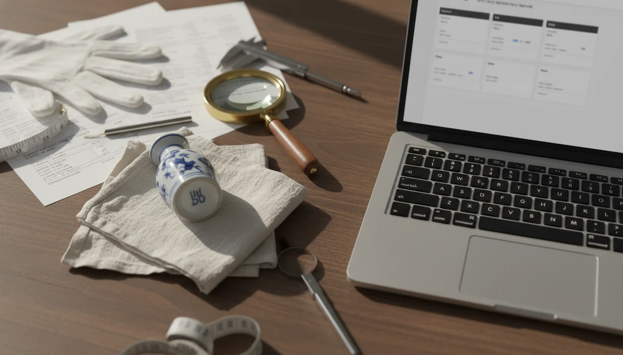 An antique vase is examined on a desk with research tools, blurred sold listings, and auction records.