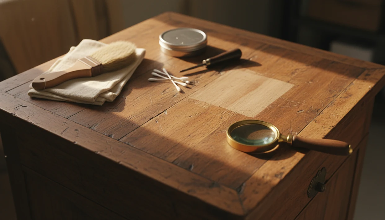 Careful antique wood restoration setup with cloths, brush, magnifier, and a worn patinated surface.