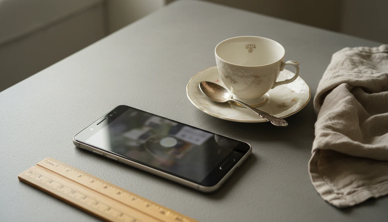 An Android phone photographs an antique teacup with a spoon, cloth, and scale on a neutral tabletop.