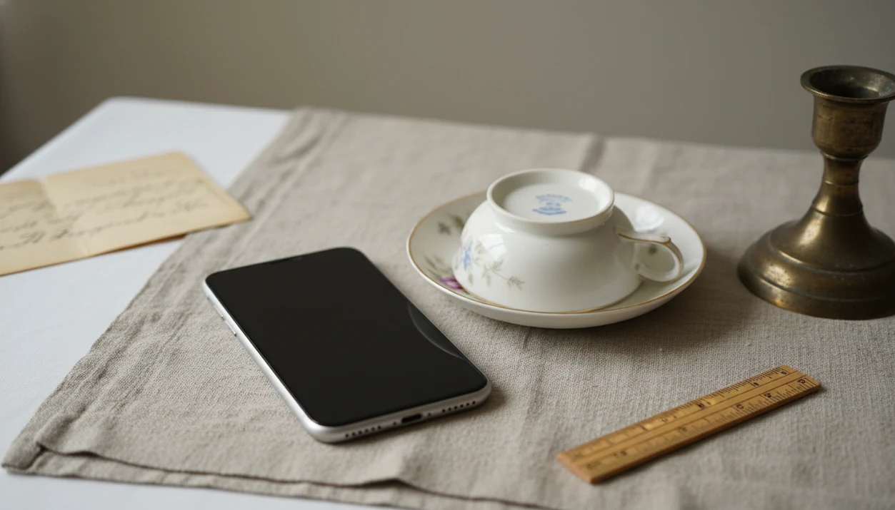 An iPhone is set beside antique objects ready for clear identification photos on a plain tabletop.