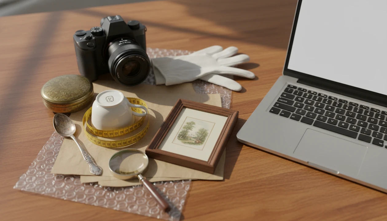 Antiques are arranged with measuring tools, packing supplies, and a laptop for preparing an online sale.