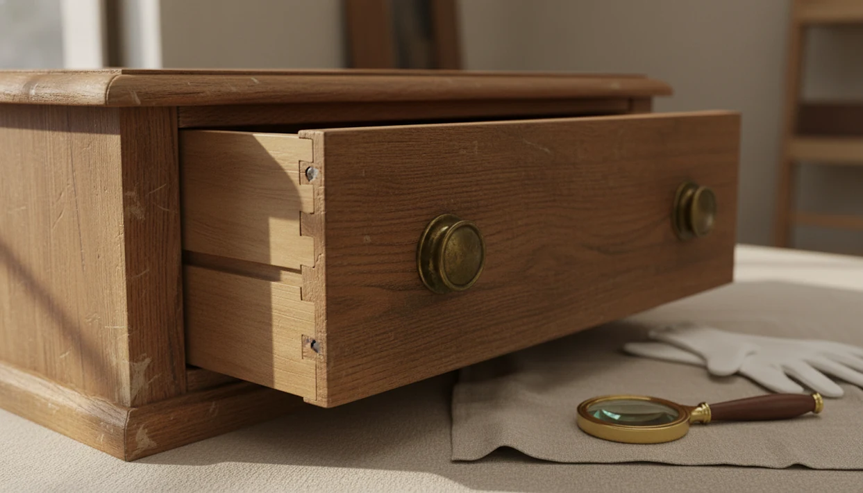 An old wooden drawer is pulled open to show dovetail joints, worn brass hardware, and aged wood grain.