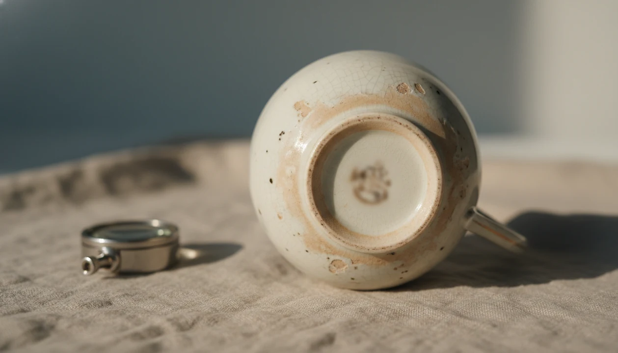 A macro view of a porcelain teacup underside highlights glaze wear, foot ring, and an unreadable maker mark.