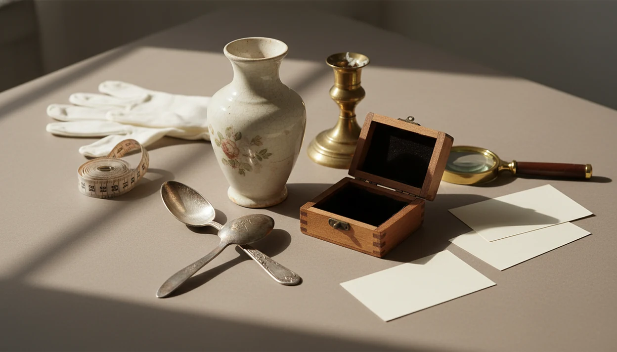 A tabletop photo dossier shows antiques with measuring tools, gloves, and close inspection details.