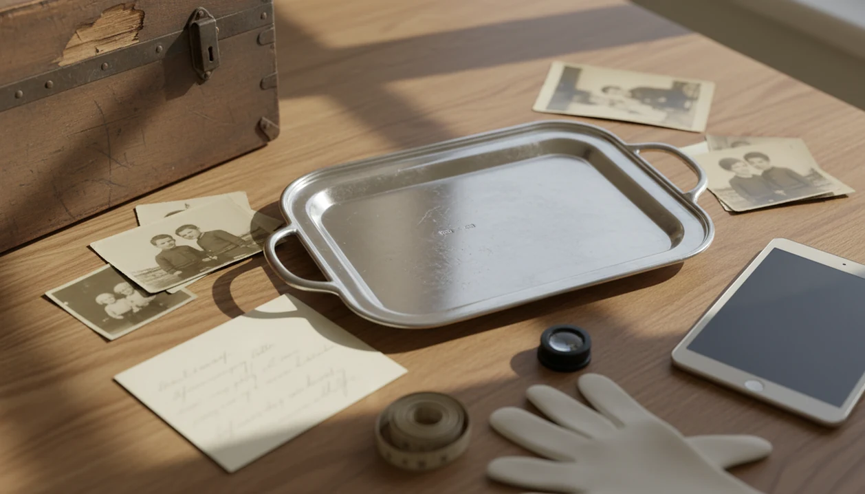 A silver tray, family photos, notes, gloves, and research tools arranged for heirloom documentation.