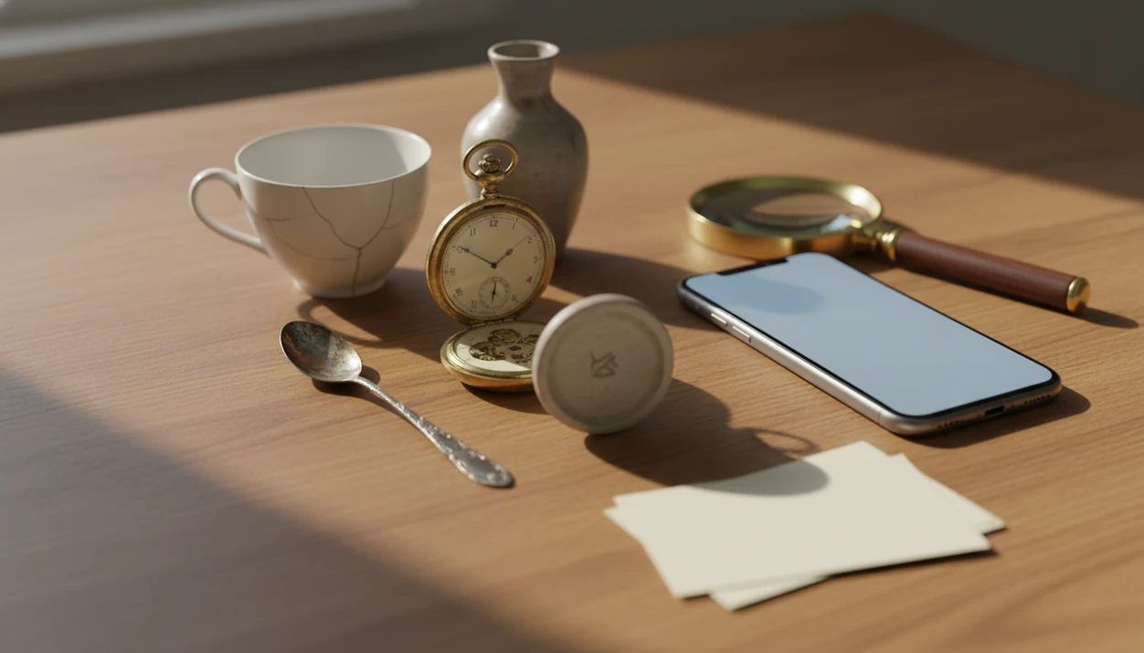 Vintage objects, a magnifying glass, and a smartphone arranged for antique identification research.