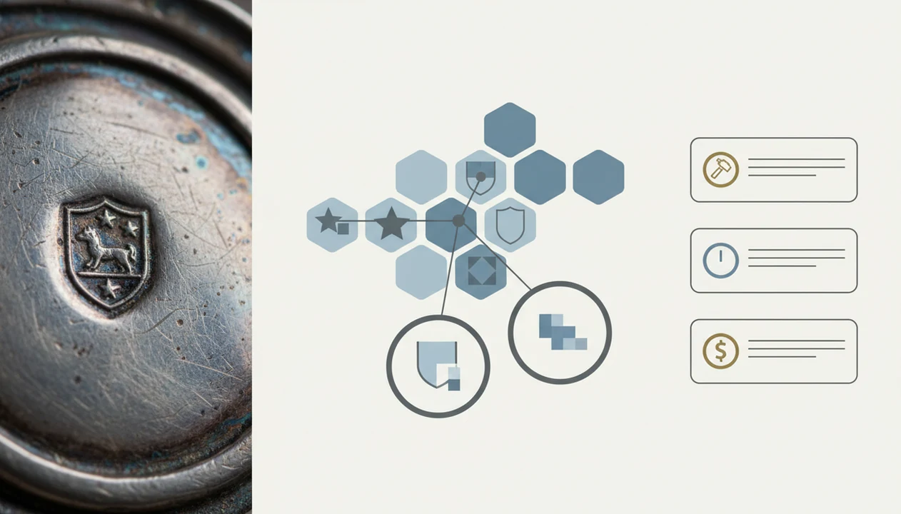A clean diagram shows a photographed hallmark becoming matched evidence for maker, date, and value.