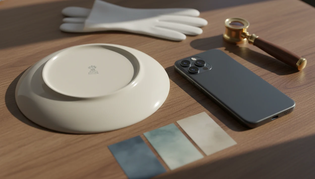 A phone, loupe, and gloves sit beside an upside-down antique plate with a visible maker mark.