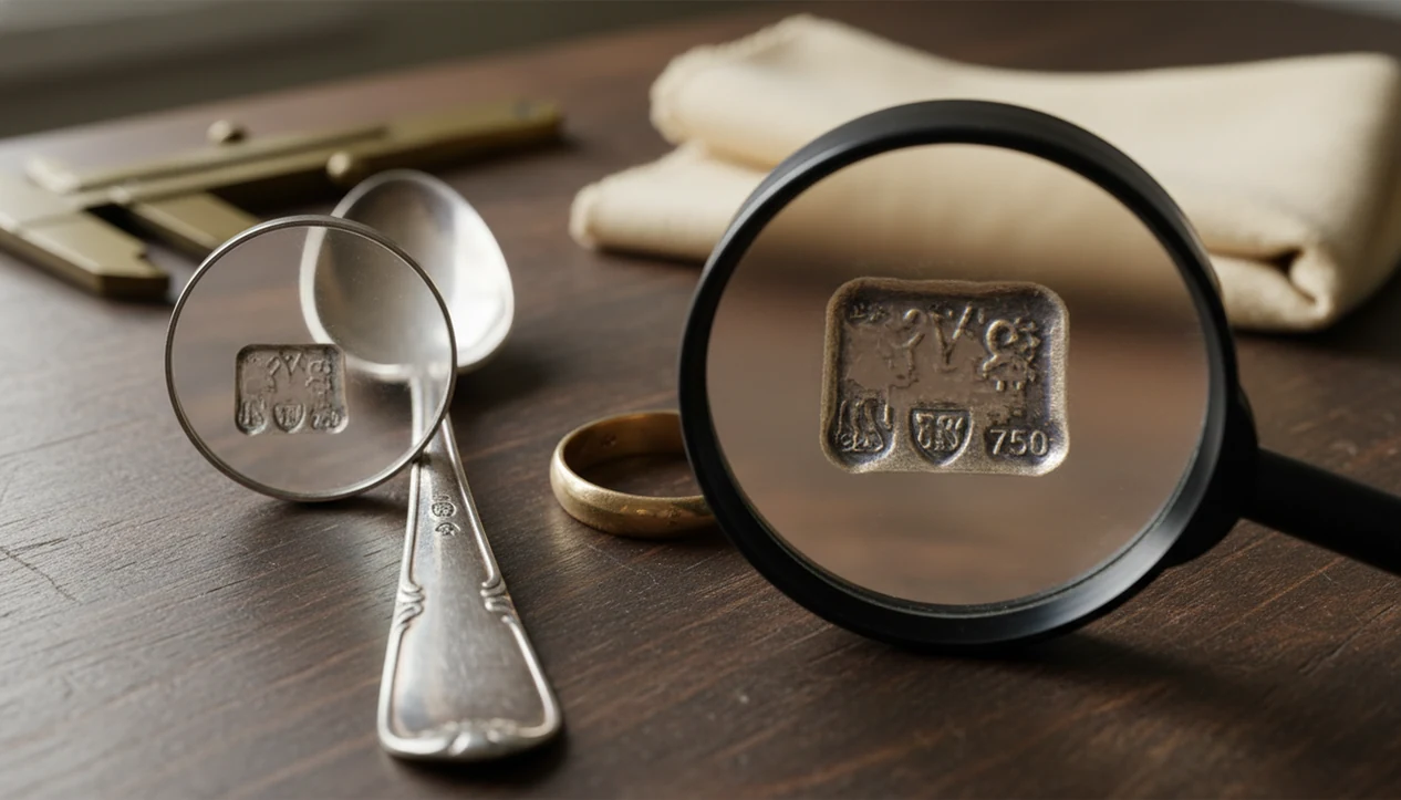 Antique silver and gold pieces shown close up with tiny stamped marks under a jeweler’s loupe.