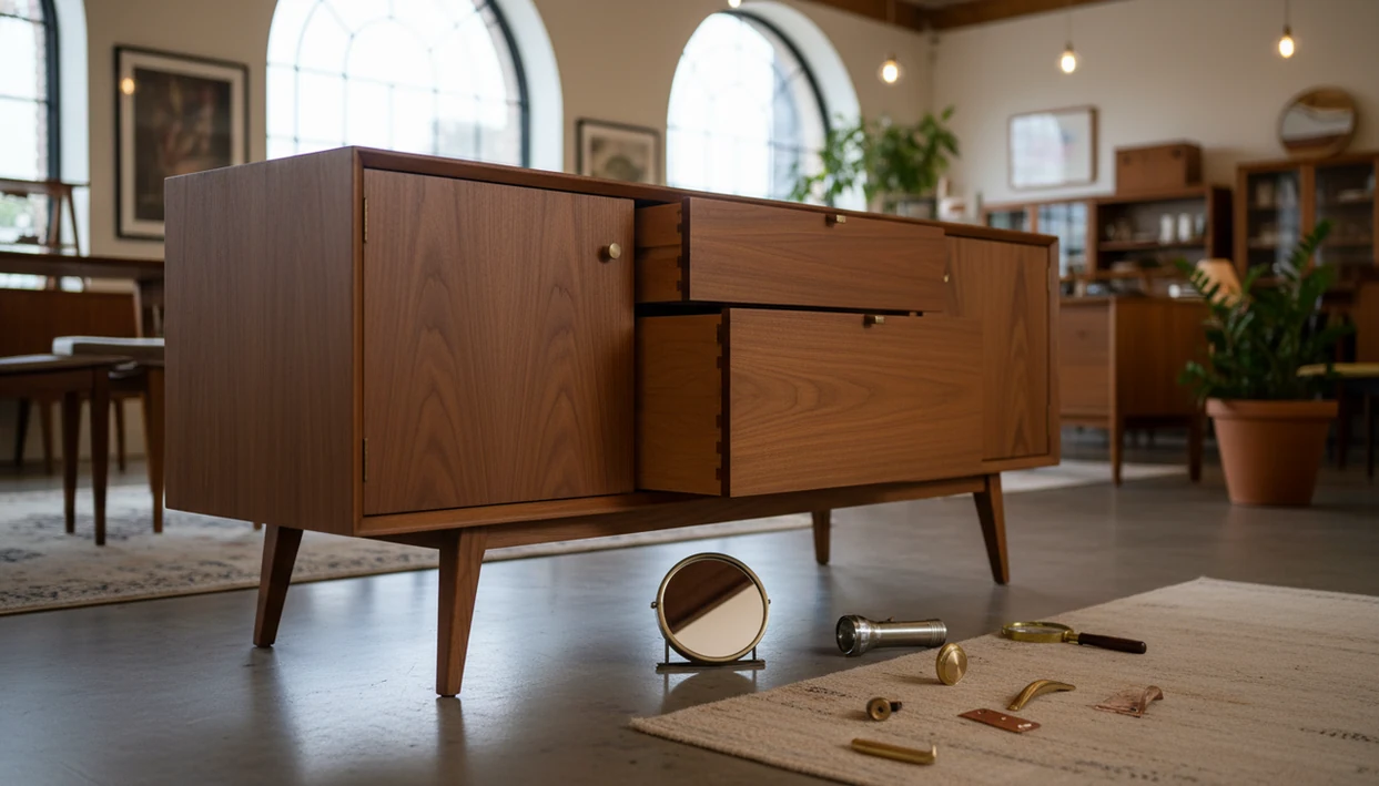 A walnut mid-century modern credenza is shown with drawer, hardware, underside, and inspection tools visible.