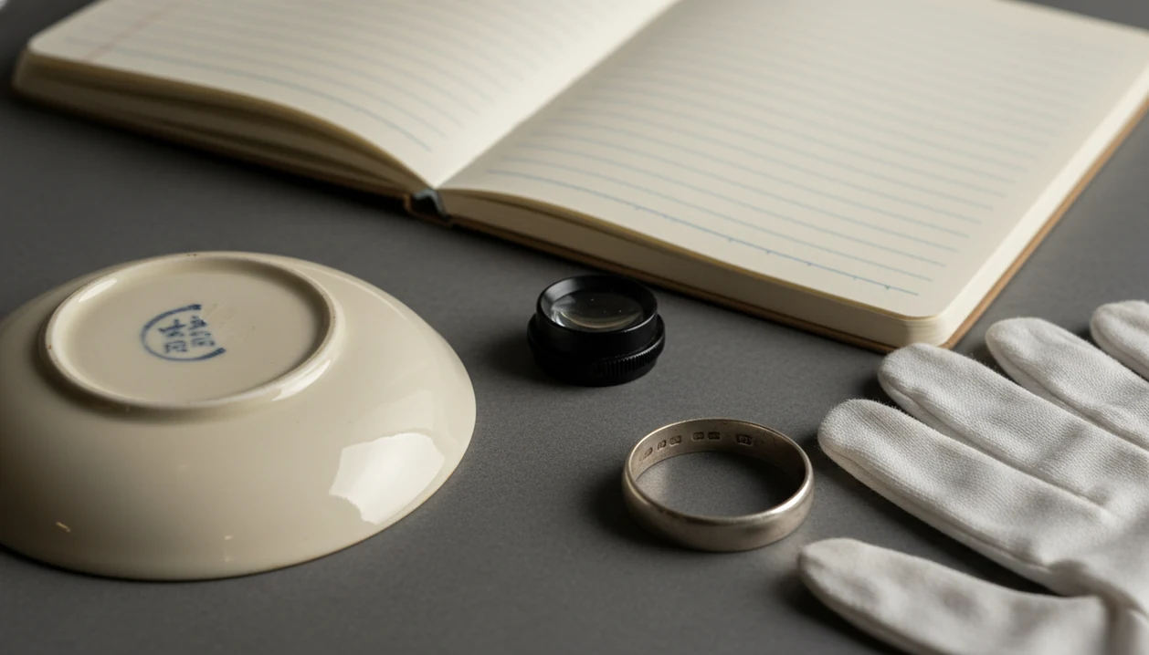 A porcelain saucer and silver ring show worn partial maker marks under angled research lighting.