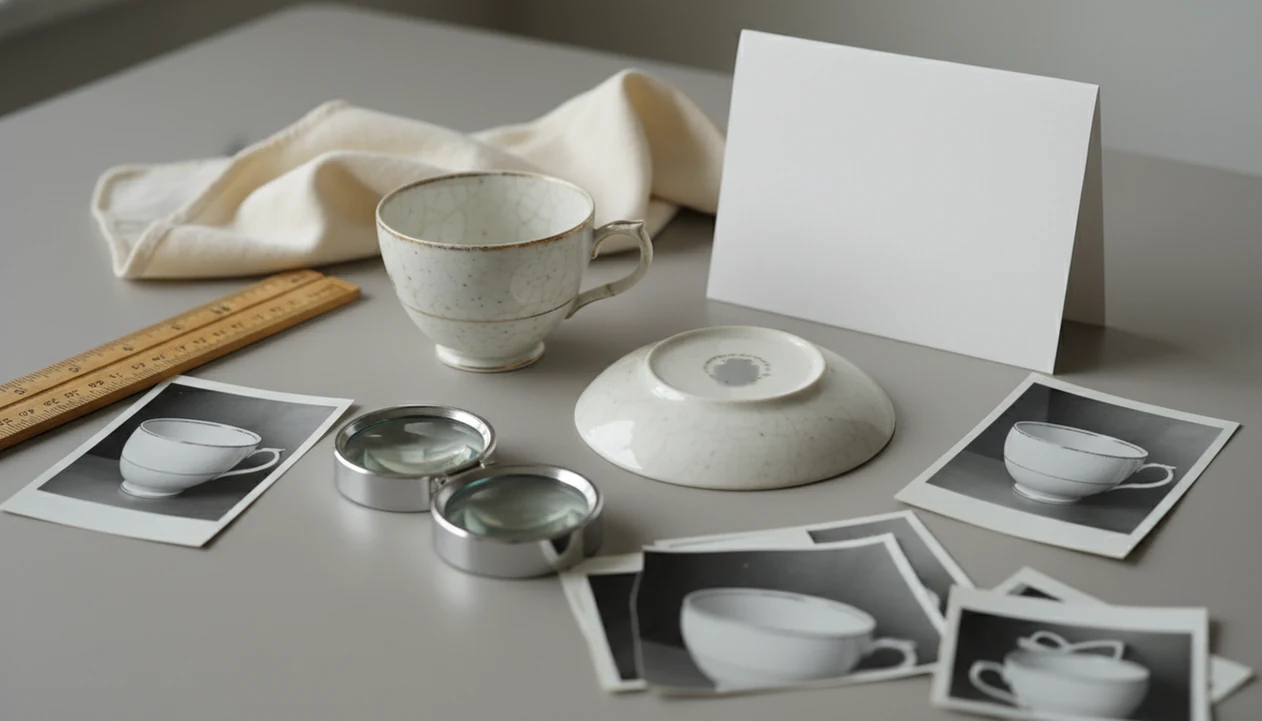 A tabletop setup shows an antique teacup photographed from multiple angles with a ruler and loupe nearby.