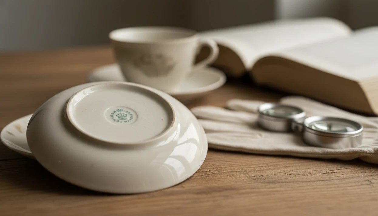 An upside-down porcelain saucer shows a faded backstamp beside a loupe and reference materials.