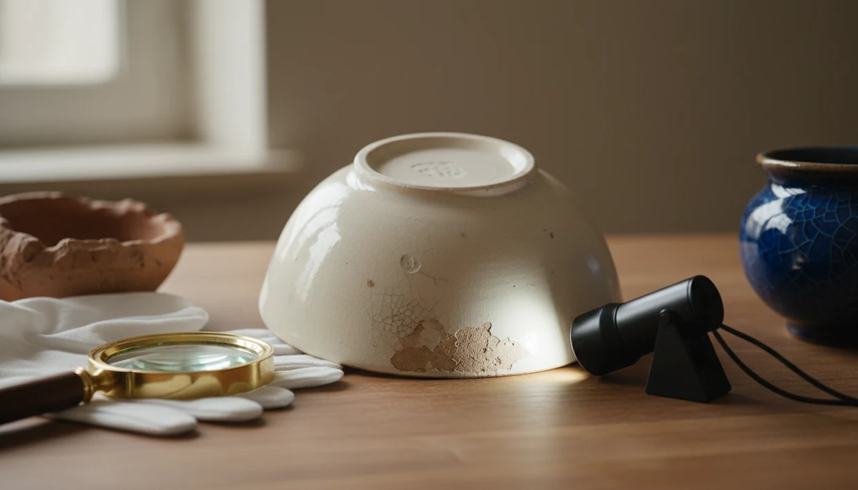 An upside-down ceramic bowl is examined with a magnifying glass to study its base mark and clay texture.