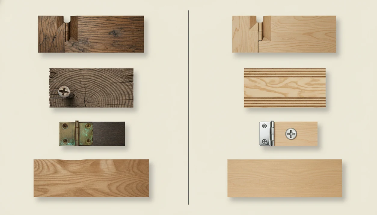 An illustrated comparison shows old joinery, screws, wood, and hardware beside modern construction clues.