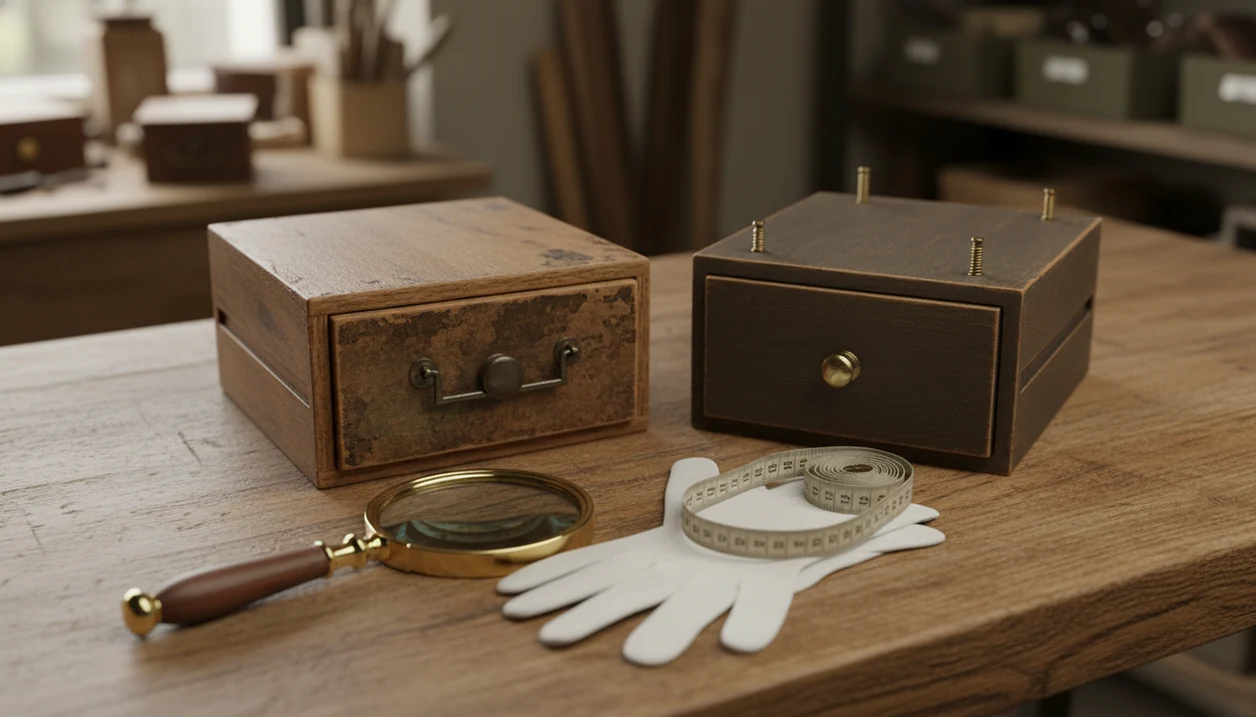 Two similar wooden antiques are compared on a table, showing joints, hardware, wear, and finish clues.