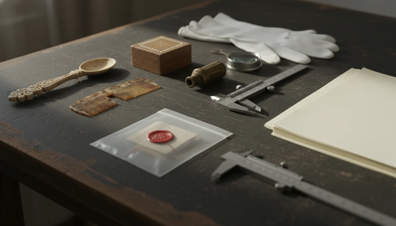 Antique objects, gloves, and blank paperwork arranged for restricted material screening.