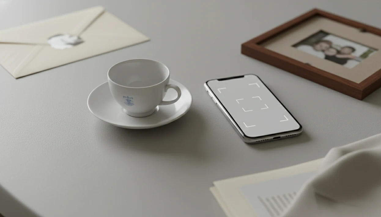 An antique teacup is prepared for a privacy-safe photo upload with private papers blurred nearby.