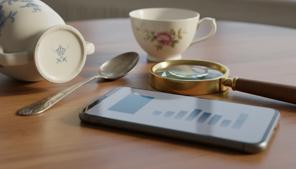 Antique objects and a phone arranged for app-assisted value range research on a wooden table.