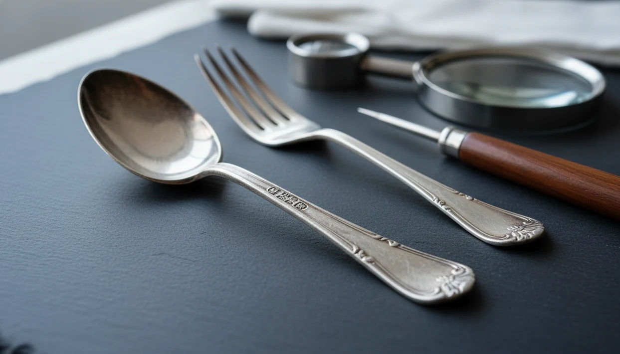A close view of antique silver flatware with worn hallmark stamps, a loupe, and a magnifier on a dark work surface.
