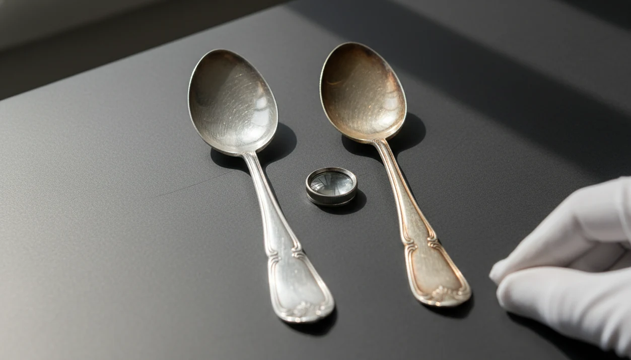 Two antique silver spoons are compared, one solid silver and one worn through to brass-colored base metal.