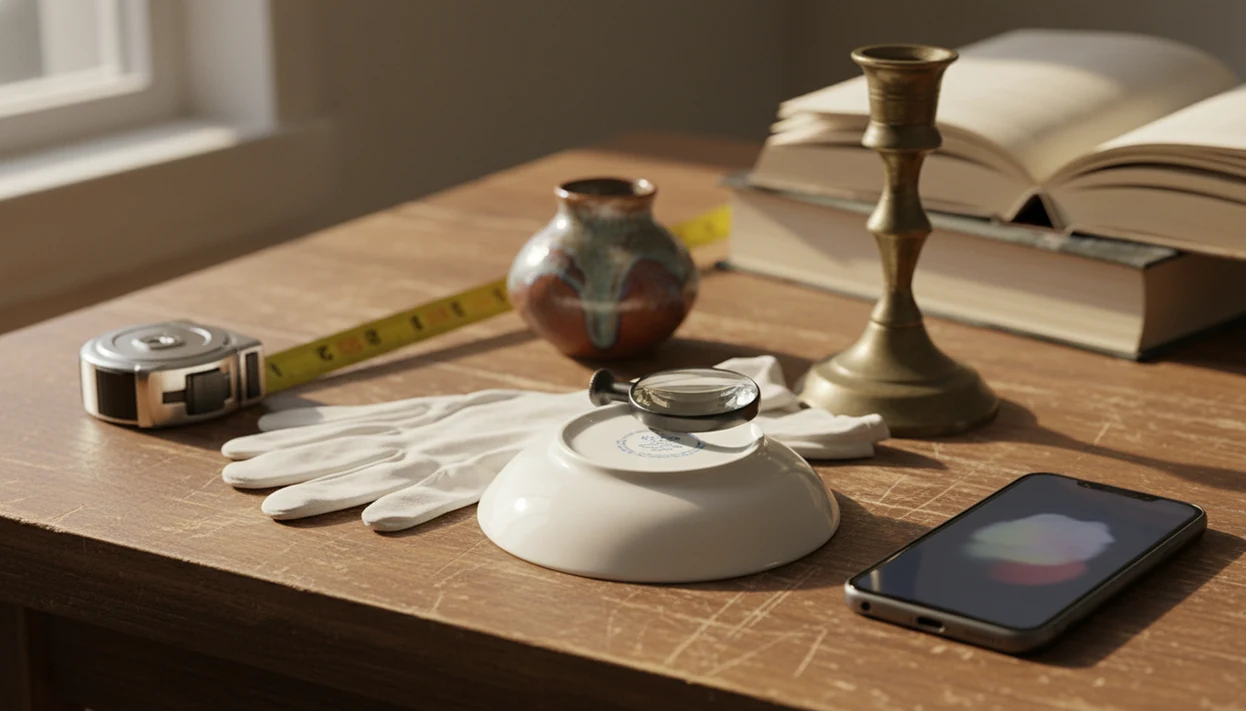 A thrift table shows vintage finds, a loupe, and reference tools arranged for careful identification research.