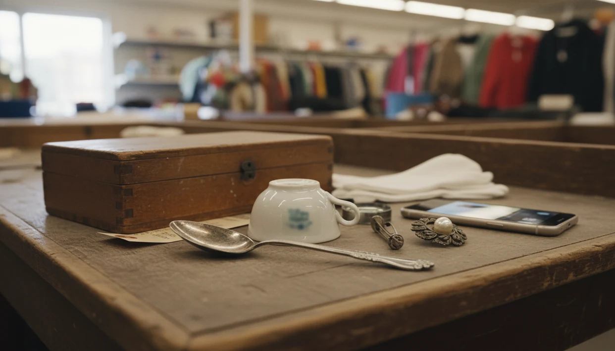 Thrift store finds arranged for inspection with a loupe, phone, marks, labels, and construction details visible.